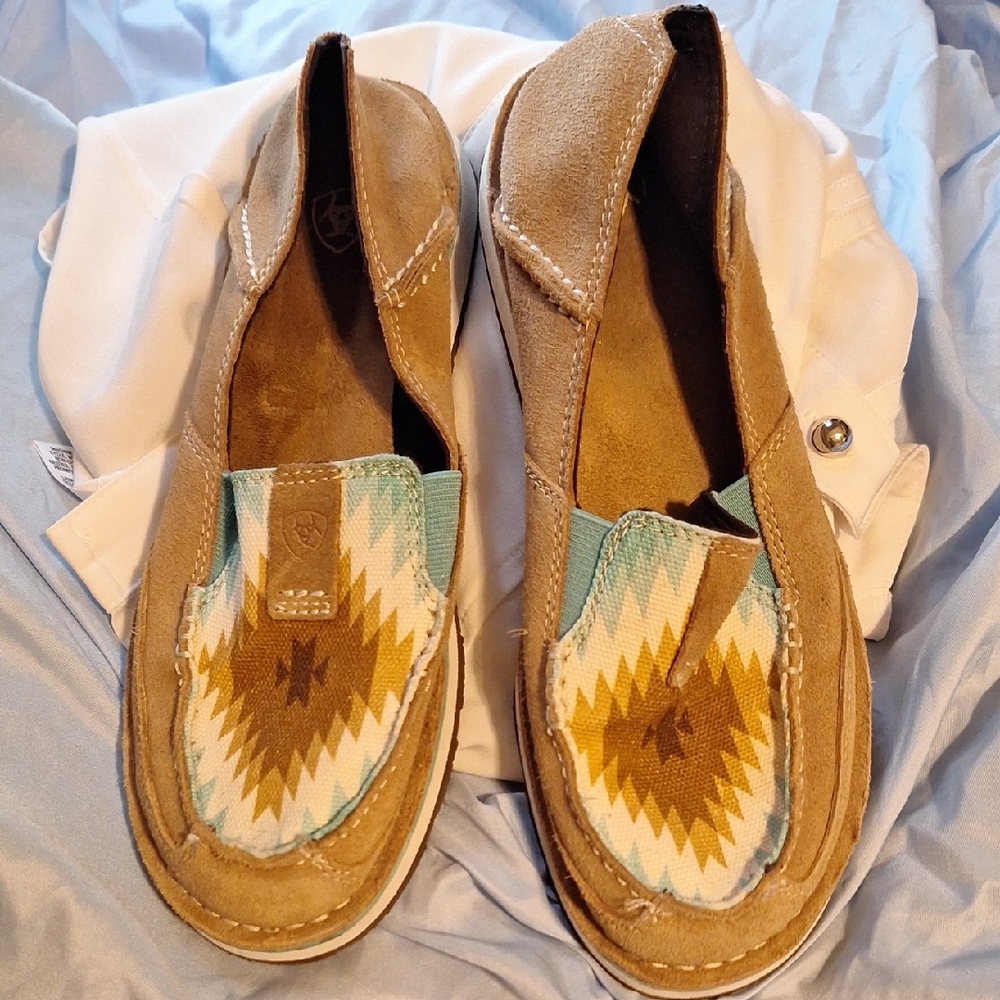 Tan and Patterned Slip-On Shoes